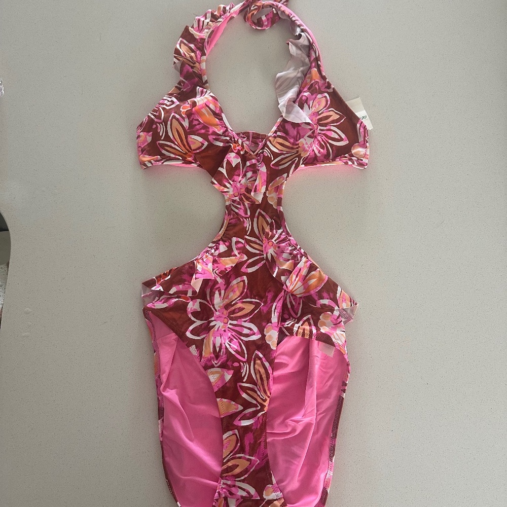 Aerie Real Good Cut-Out One Piece Swimsuit - Pink Floral (Size M, NWT)